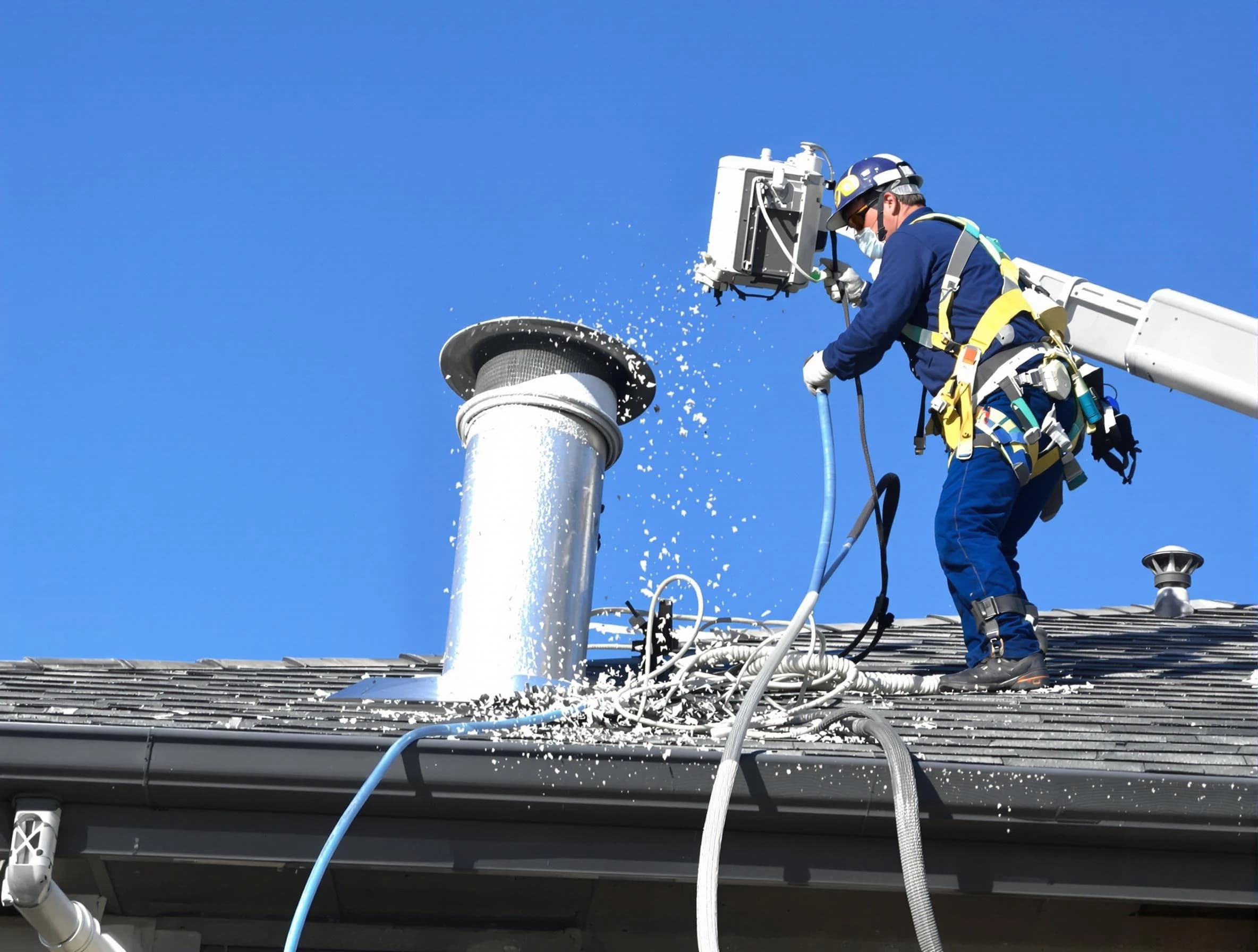 Candler-McAfee Dryer Vent Cleaning certified technician safely cleaning a roof-mounted dryer vent in Candler-McAfee