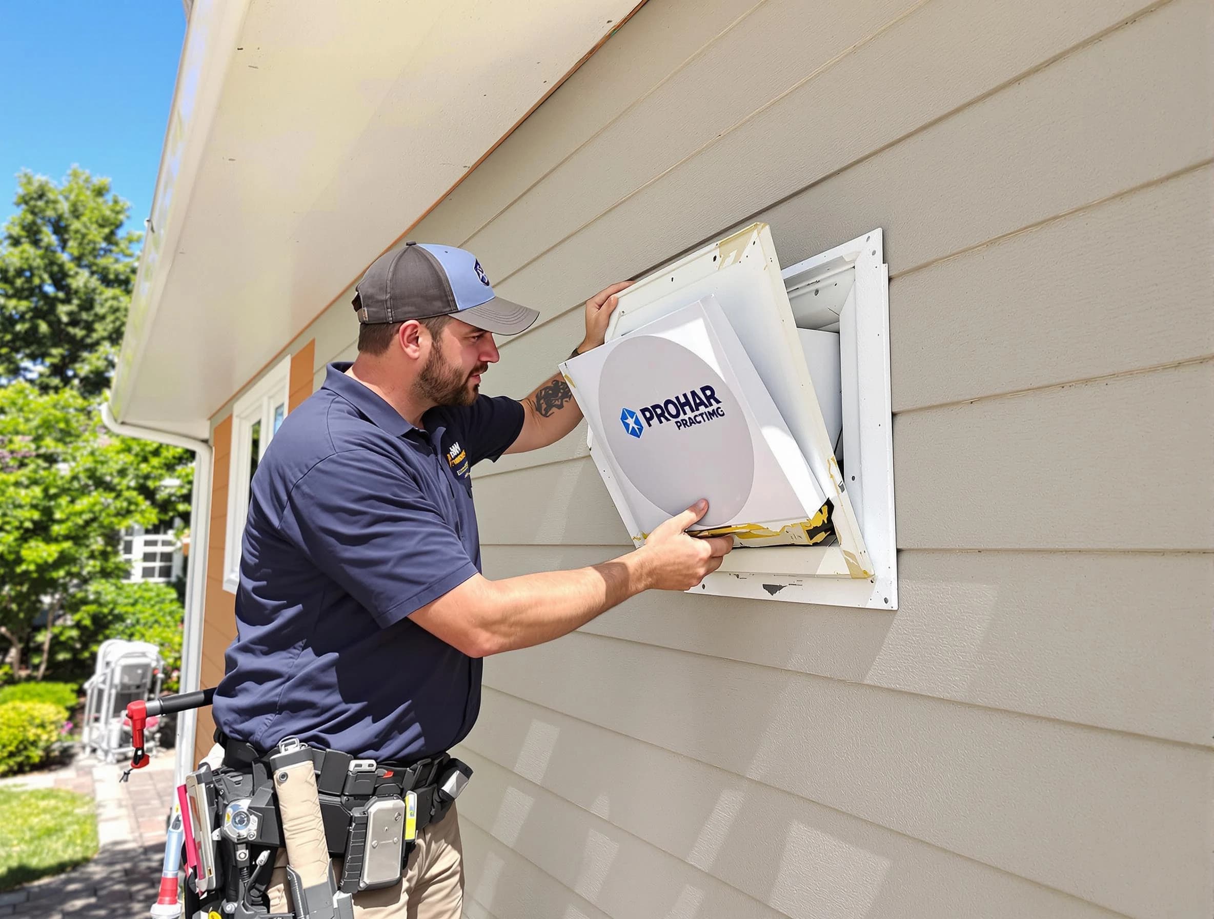 Candler-McAfee Dryer Vent Cleaning technician installing a new protective dryer vent cover on a home in Candler-McAfee
