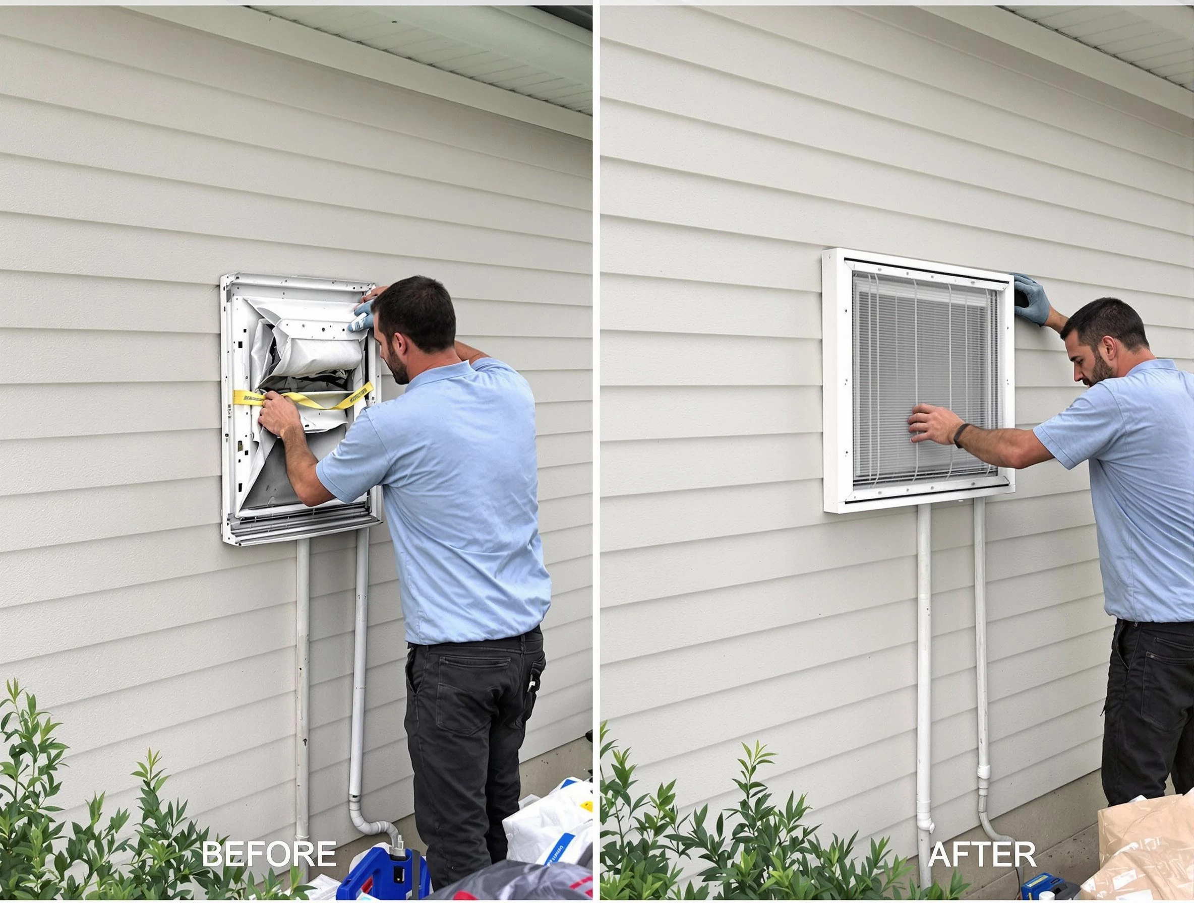 Candler-McAfee Dryer Vent Cleaning technician installing high-quality dryer vent cover at a residential property in Candler-McAfee